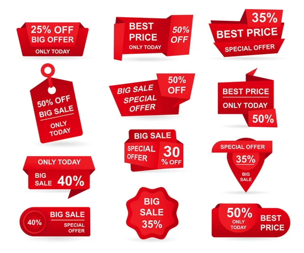 Set of retail red sale tags. Stickers best offer price and big sale pricing badges design. Limited sales offer label or store discount banner card isolated. Shopping coupon. Vector illustration. — Stock Vector