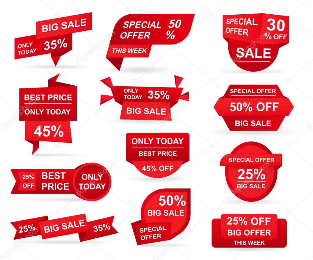 Set of retail red sale tags. Stickers best offer price and big sale pricing badges design. Limited sales offer label or store discount banner card isolated. Shopping coupon. Vector illustration.