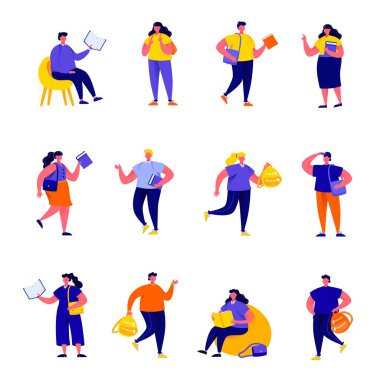 Düz insanlar öğrenciler, okul çocukları ve öğrenci karakterleri kümesi. Karikatür sokakta küçük insanlar beyaz arka plan üzerinde izole. Düz vektör İllüstrasyon. Koleksiyon kişi karakterleri.