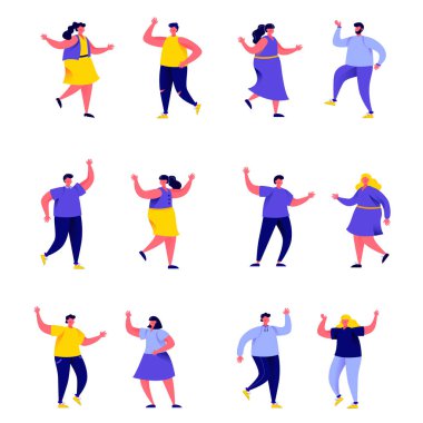 Kulüp veya müzik konser karakterleri dans düz insanlar ayarlayın. Karikatür sokakta küçük insanlar beyaz arka plan üzerinde izole. Düz vektör İllüstrasyon. Koleksiyon kişi karakterleri.