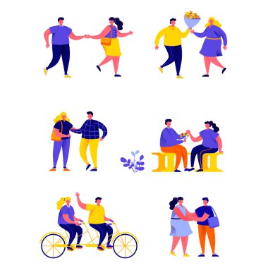 Mutlu romantik çiftler karakterleri ile çevrili düz insanlar yalnız kız seti. Karikatür sokakta küçük insanlar beyaz arka plan üzerinde izole. Düz vektör İllüstrasyon. Koleksiyon kişi karakterleri.