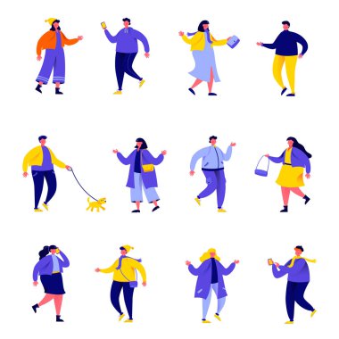 Mevsimlik giysiler veya dış giyim karakterleri giymiş düz insanlar ayarlayın. Karikatür sokakta küçük insanlar beyaz arka plan üzerinde izole. Düz vektör İllüstrasyon. Koleksiyon kişi karakterleri.