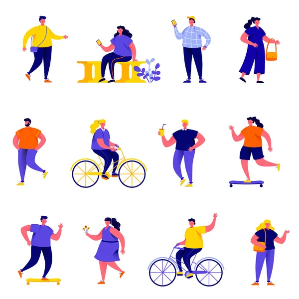 Conjunto de personas planas realizando actividades al aire libre de verano personajes. Dibujos animados gente pequeña en la calle aislada sobre fondo blanco. Ilustración vectorial plana. Colección personas personajes . — Vector de stock