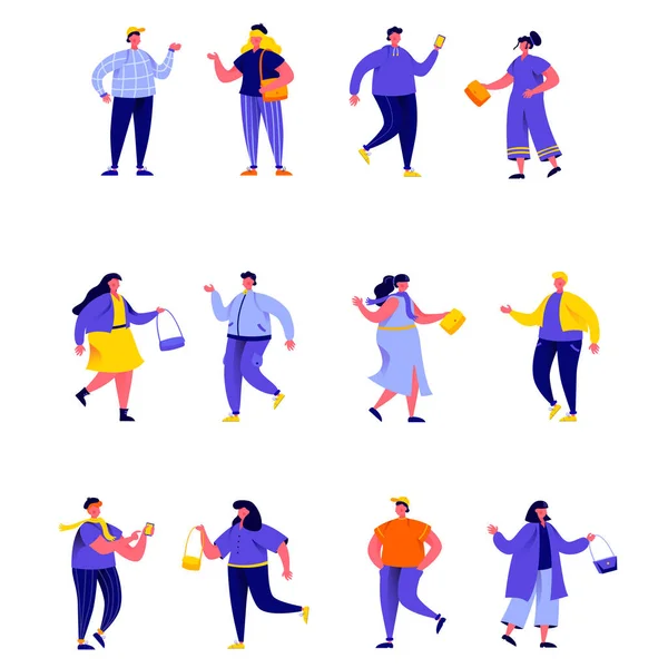 Conjunto de personas planas que usan ropa elegante en los personajes de la semana de moda. Dibujos animados gente pequeña en la calle aislada sobre fondo blanco. Ilustración vectorial plana. Colección personas personajes . — Vector de stock