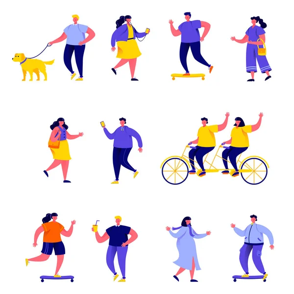 Conjunto de personas planas realizando actividades al aire libre de verano personajes. Dibujos animados gente pequeña en la calle aislada sobre fondo blanco. Ilustración vectorial plana. Colección personas personajes . — Archivo Imágenes Vectoriales