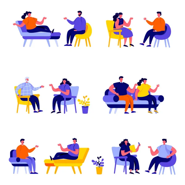 Ensemble de couples mariés assis sur des chaises ou couchés sur des personnages de canapé. Dessin animé de minuscules gens dans la rue isolés sur fond blanc. Illustration vectorielle plate. Collecte personnages personnes . — Image vectorielle