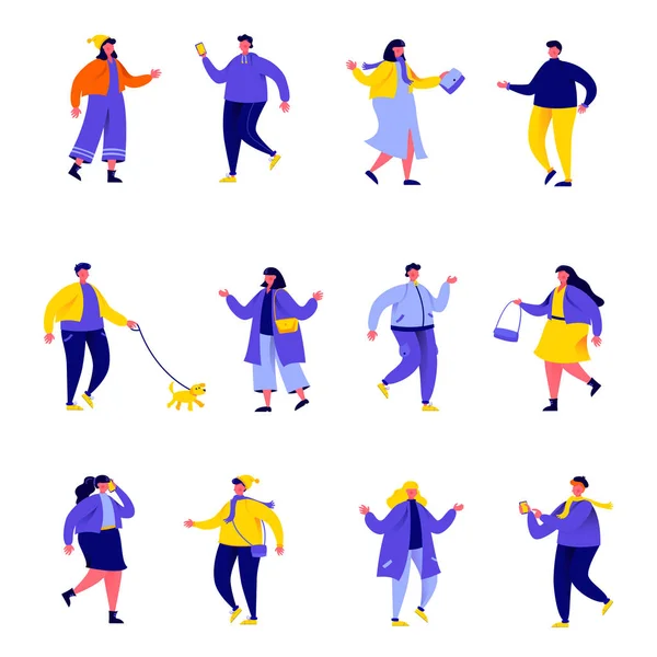 Conjunto de personas planas vestidas con ropa de temporada o personajes de ropa de abrigo. Dibujos animados gente pequeña en la calle aislada sobre fondo blanco. Ilustración vectorial plana. Colección personas personajes . — Vector de stock