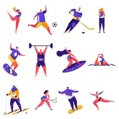 Düz insan spor aktiviteleri karakter seti. Paket karikatür insanlar mutlu eğitim veya beyaz arka plan üzerinde izole egzersiz. Düz modern tarzda vektör illüstrasyonu.