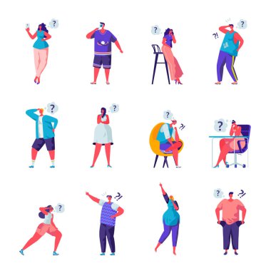 Bir şey karakter arıyoruz düz insanlar kümesi. Çeşitli beyaz arka plan üzerinde soru işaretleri ile demet karikatür insanlar. Düz modern tarzda vektör illüstrasyonu.
