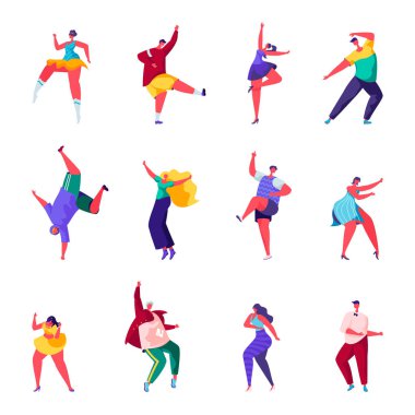 Düz insanlar bir parti karakterleri dans seti. Tatilde paket karikatür insanlar eğlenmek ve beyaz arka plan üzerinde dans. Düz modern tarzda vektör illüstrasyonu.