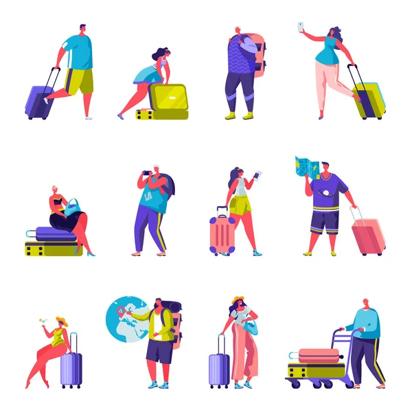 Conjunto de personas planas familia va en personajes de vacaciones. Paquete de dibujos animados personas viajeros con maletas de ir en un viaje sobre fondo blanco. Ilustración vectorial en estilo moderno plano . — Vector de stock