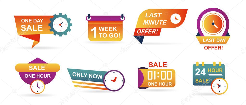 Set of sale countdown badges and stickers. Last minute offer banner, one day sales and 24 hour sale. Shopping limited time offer. Collection best deal badge isolated vector.