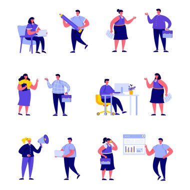 Düz insanlar kurumsal iş karakterleri kümesi. Beyaz arka planda izole dizüstü bilgisayar ile paket karikatür insanlar farklı çalışan ekibi. Düz modern tarzda vektör illüstrasyonu.