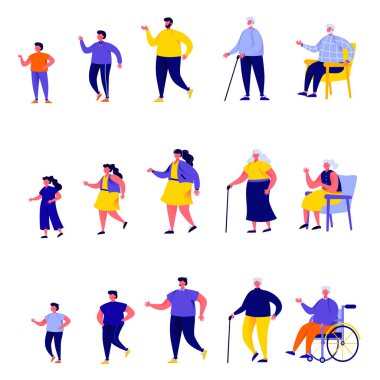 Düz insanlar farklı nesiller karakter kümesi. Demet karikatür insanlar insan gelişiminin farklı aşamalarında beyaz arka plan üzerinde izole. Düz modern tarzda vektör illüstrasyonu.