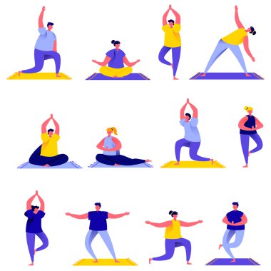 Yoga egzersizleri karakterleri yapıyor düz insanlar grup seti. Bundle karikatür insanlar fitness, spor ve sağlıklı yaşam tarzı kavramı beyaz arka plan izole. Düz modern tarzda vektör illüstrasyonu.
