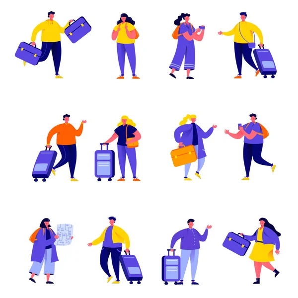 Conjunto de personas planas en pareja familia viajando con personajes de mochilas. Paquete de dibujos animados turistas viajan en bolsas aisladas sobre fondo blanco. Ilustración vectorial en estilo moderno plano . — Archivo Imágenes Vectoriales