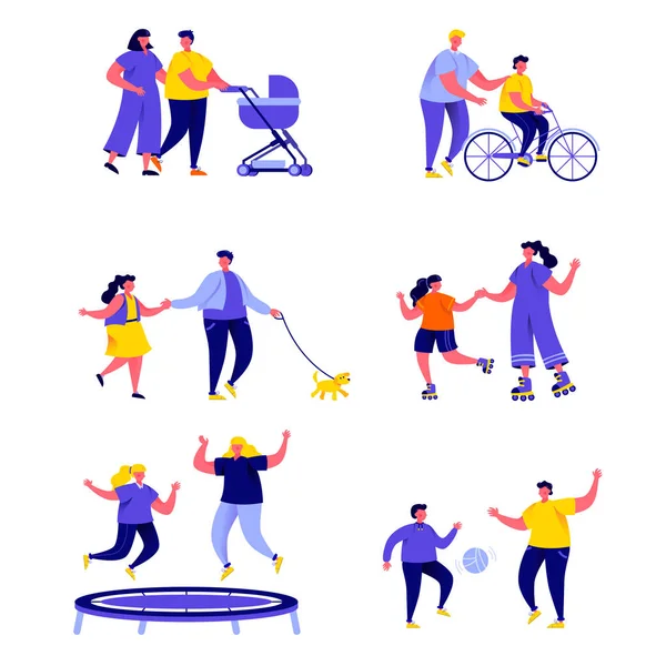 Conjunto de personas planas familia activa vacaciones personajes. Paquete de dibujos animados personas padres con niños en diversas actividades aisladas sobre fondo blanco. Ilustración vectorial en estilo moderno plano . — Archivo Imágenes Vectoriales