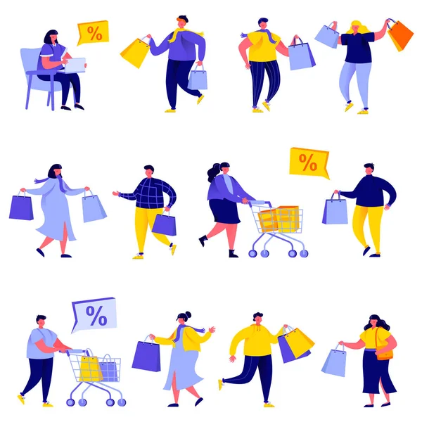 Set of flat people shopping bags and carts characters. Bundle cartoon people shoppers go shopping and shop isolated on white background. Vector illustration in flat modern style. — Stock Vector
