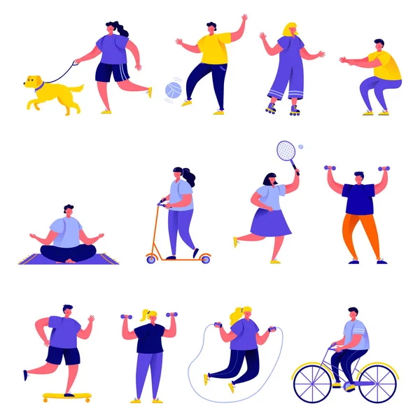 Készlet-ból lakás emberek előadás sport tevékenységek betűk. Bundle karikatúra emberek fitness edzés vagy a játék elszigetelt fehér háttér. Vektoros illusztráció lapos modern stílusban. — Stock Vector