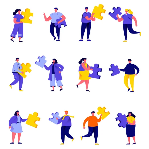 Set platte mensen die de personages van Puzzle Elements verbinden. Bundel cartoon people business team metafoor geïsoleerd op witte achtergrond. Vector illustratie in platte moderne stijl. — Stockvector