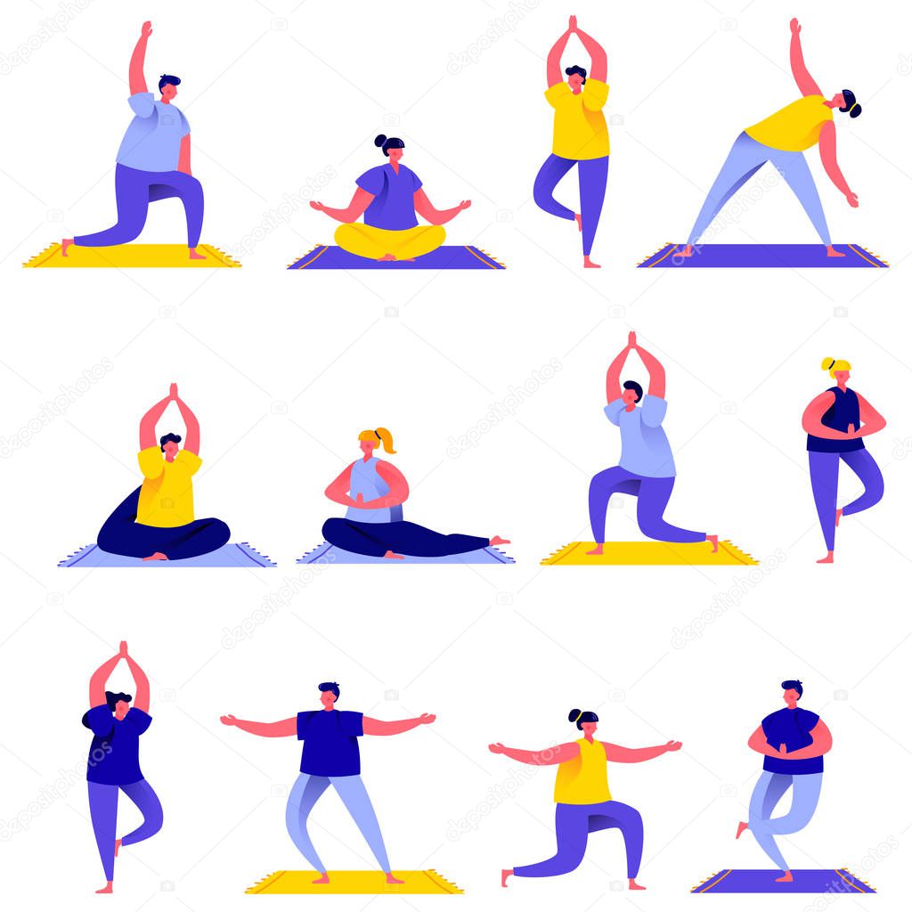 Set of flat people group doing yoga exercises characters. Bundle cartoon people fitness, sport and healthy lifestyle concept isolated on white background. Vector illustration in flat modern style.