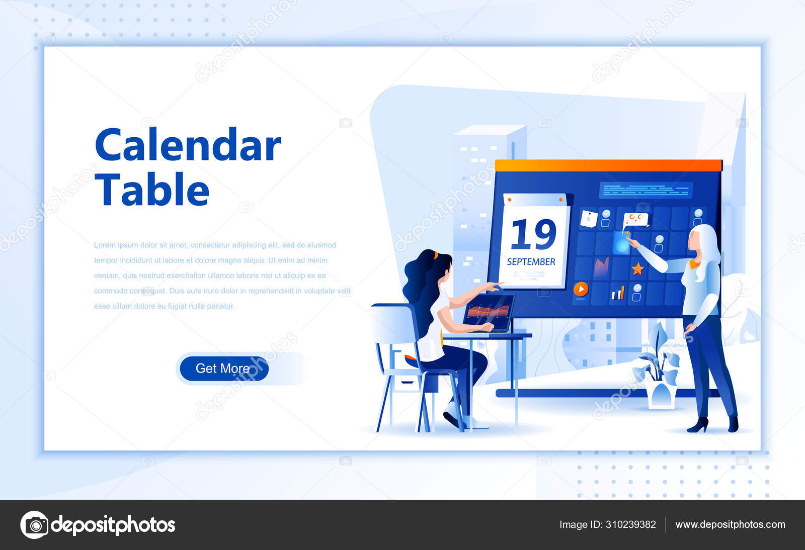 Calendar Table Flat Web Page Design Template Of Homepage Or Header Images Decorated People For Website And Mobile Website Development Flat Landing Page Template Vector Illustration Stock Vector Image By C Alexdndz 310239382