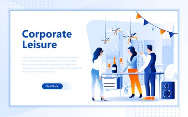 Kurumsal eğlence düz web sayfası tasarım ana sayfa veya üstbilgi görüntüleri şablonu web sitesi ve mobil web sitesi geliştirme için insanlar dekore. Düz açılış sayfası şablonu. Vektör çizimi.