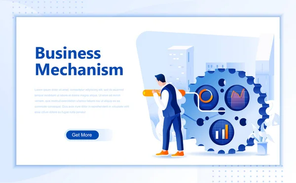 Business mechanism flat web page design template of homepage or header images decorated people for website and mobile website development. Flat landing page template. Vector illustration. — Stock Vector