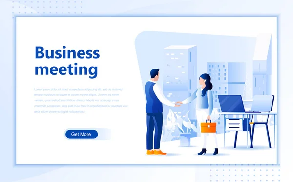 Business meeting web page design template of homepage or header images decorated people for website and mobile website development. Flat landing page template. Vector illustration. — Stock Vector