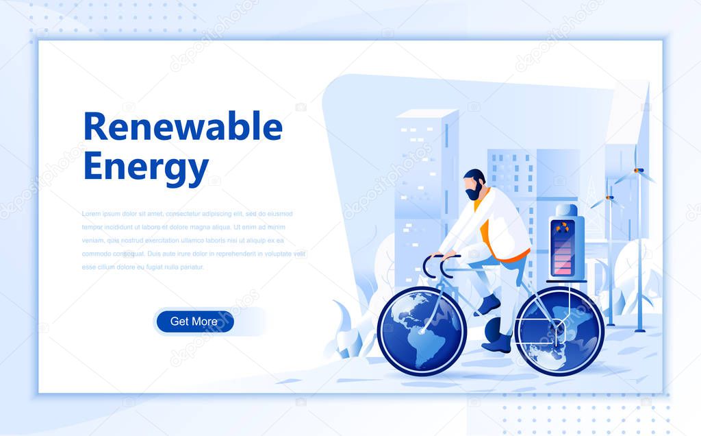 Renewable energy flat web page design template of homepage or header images decorated people for website and mobile website development. Flat landing page template. Vector illustration.