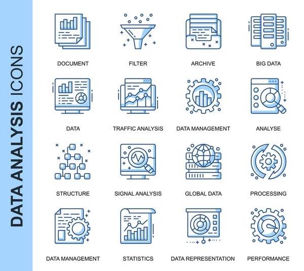 Thin Line Data Analysis Related Vector Icons Set for Benchmark and Mobile Site and Benchmark. Дизайн контурных иконок. Содержит такие иконки, как Big Data, Processing, Performance и многое другое. Пакет линейных пиктограмм . — стоковый вектор