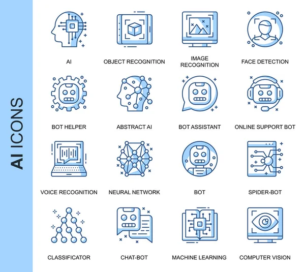 Icônes vectorielles liées à l'intelligence artificielle en ligne mince pour site Web et site mobile et applications. Décrivez la conception des icônes. Contient des icônes telles que la reconnaissance, Support Bot et plus encore. Pack Pictogramme linéaire . — Image vectorielle