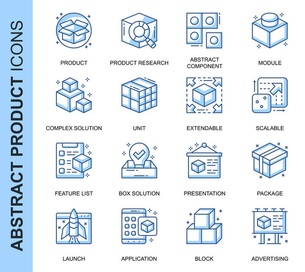 Тонкая линия Абстрактный продукт, связанный с векторные иконки набор для веб-сайта и мобильных сайтов и приложений. Дизайн контурных иконок. Содержит такие иконки, как Product Research, Application и многое другое. Пакет линейных пиктограмм
.
