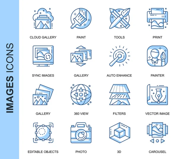 Thin Line Images Related Vector Icons Set for Website and Mobile Site and Apps. Outline icons design. Contains such Icons as 360 Degree View, Cloud Gallery, Filters and more. Linear Pictogram Pack. — Stock Vector