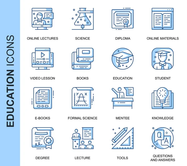 Thin Line Education Related Vector Icons Σετ για Website και Mobile Site και Apps. Σχέδιο εικονιδίων περίγραμμα. Περιέχει εικόνες όπως Online Education, Video Lesson, E-books και άλλα. Συσκευασία γραμμικού εικονογράμματος. — Διανυσματικό Αρχείο