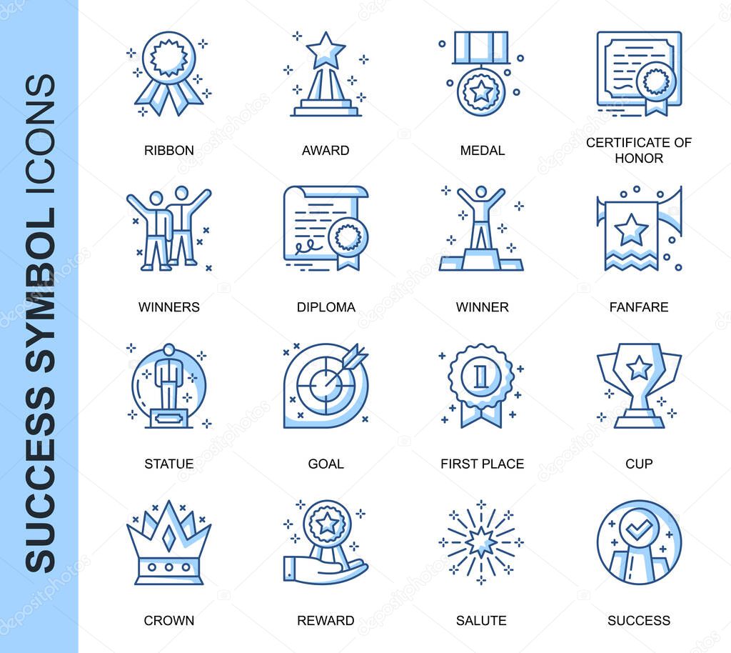 Thin Line Success Related Vector Icons Set for Website and Mobile Site and Apps. Outline icons design. Contains such Icons as Ribbon, Winner, Reward and more. Linear Pictogram Pack.