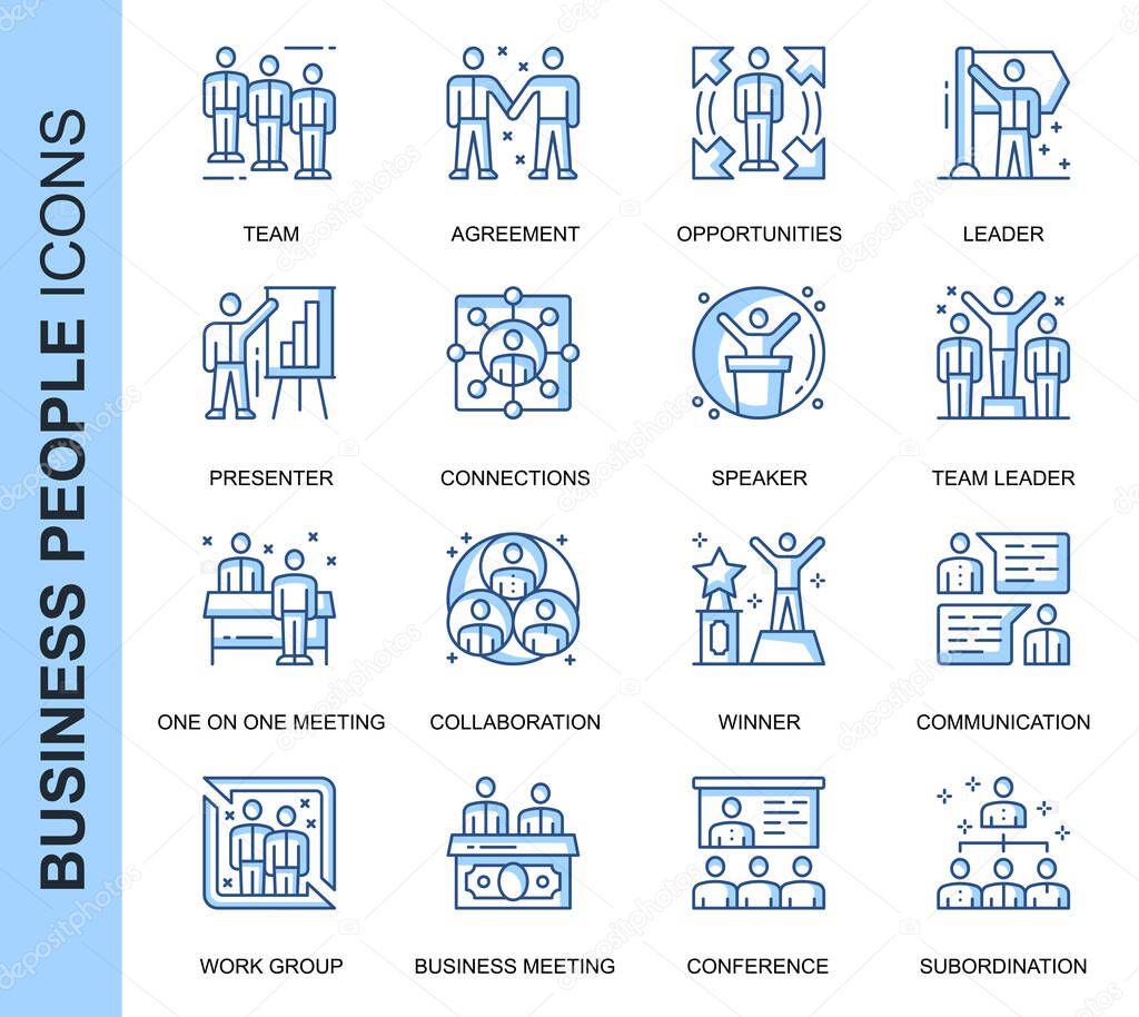 Thin Line Business People Related Vector Icons Set for Website and Mobile Site and Apps. Outline icons design. Contains such Icons as Business Meeting, Handshake and more. Linear Pictogram Pack.