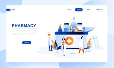 Pharmacy vector landing page template with header. Apothecary homepage banner design with flat illustrations