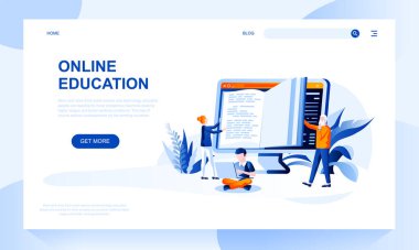 Çevrimiçi eğitim vektörü iniş sayfası şablonu başlıklı. E öğrenme web afişi, düz resimli ana sayfa tasarımı