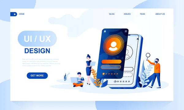 Ui, ux design modello di pagina di destinazione vettoriale con intestazione. Interfaccia applicativa progettisti web banner, homepage design con illustrazioni piatte — Vettoriale Stock