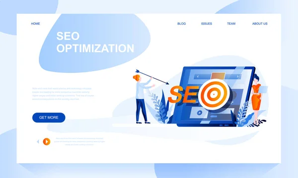 Seo optimalisatie vector landing page template met header. Internet promotie strategie webbanner, homepage ontwerp met platte illustraties — Stockvector