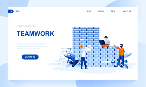 Teamwork flache Landing Page Vorlage mit Kopfzeile. Geschäftspartnerschaft Web-Banner, Homepage-Design. Illustration zur Zusammenarbeit der Mitarbeiter — Stockvektor