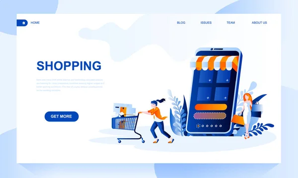 Modelo de página de destino vetorial de compras com cabeçalho. Banner web loja on-line, homepage design com ilustrações planas — Vetor de Stock