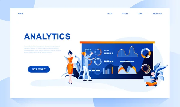 Modelo de página de destino vetorial Analytics com cabeçalho. Estatísticas pesquisa web banner, homepage design com ilustrações planas —  Vetores de Stock