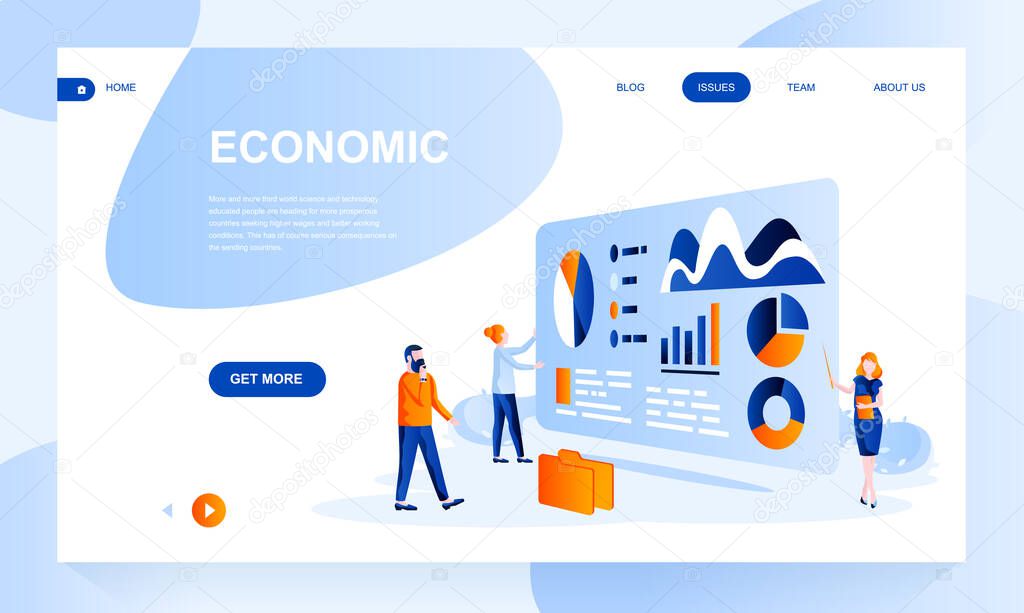 Economic flat landing page template with header. Analytics web banner, homepage design. Financial service vector illustration