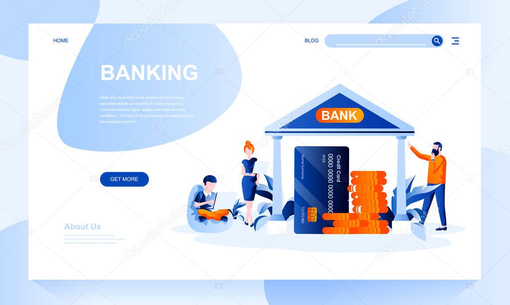 Banking vector landing page template with header. Financial institution web banner, homepage design with flat illustrations