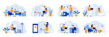 Sosyal medya insan karakterleriyle dolu. İnsanlar çevrimiçi iletişim ve dijital cihazlarla mesajlaşma durumları. Sosyal medya sohbeti, blog yazma ve içerik akışı düz vektör çizimi