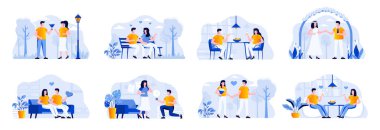 Aşk çiftleri insan karakterleriyle doludur. Parkta yürüyen bir çift, restoranda romantik bir randevu, evlenme teklif eden bir adam, düğün törenleri. Romantik ilişki düz vektör çizimi