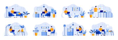 Serbest sahneler insan karakterleriyle doludur. Ev ofis durumlarında dizüstü bilgisayarla çalışan serbest çalışan biri. Mesafe çalışması, serbest meslek düz vektör çizimi.