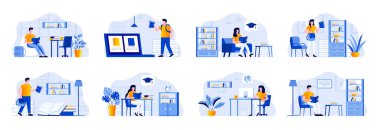 Eğitim sahneleri insanlarla doludur. Üniversitede uzaktan öğrenme programı, kütüphanede okuyan öğrenciler, ev durumlarında kitap okumak. Çevrimiçi eğitim platformu düz vektör çizimi.